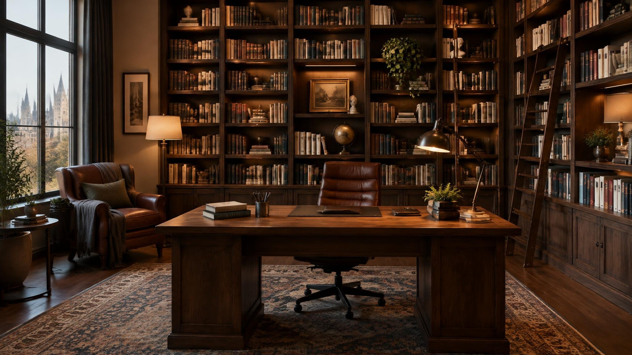 Elegant editorial office with bookshelves and a wooden desk