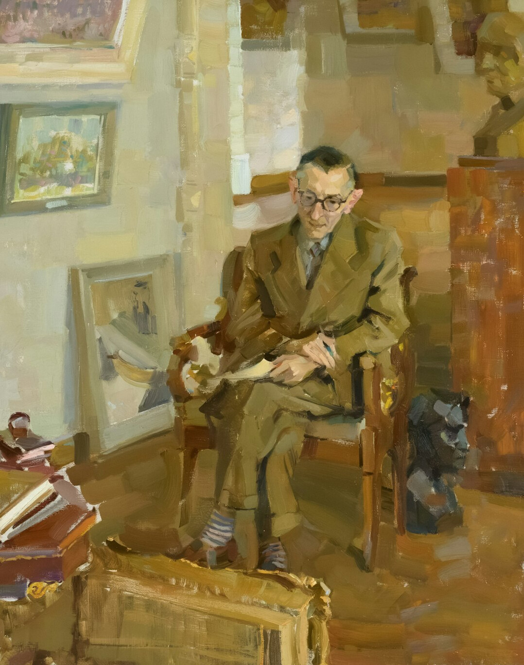 Studio portrait of a 50 year old German male sociology professor with glasses and tweed jacket