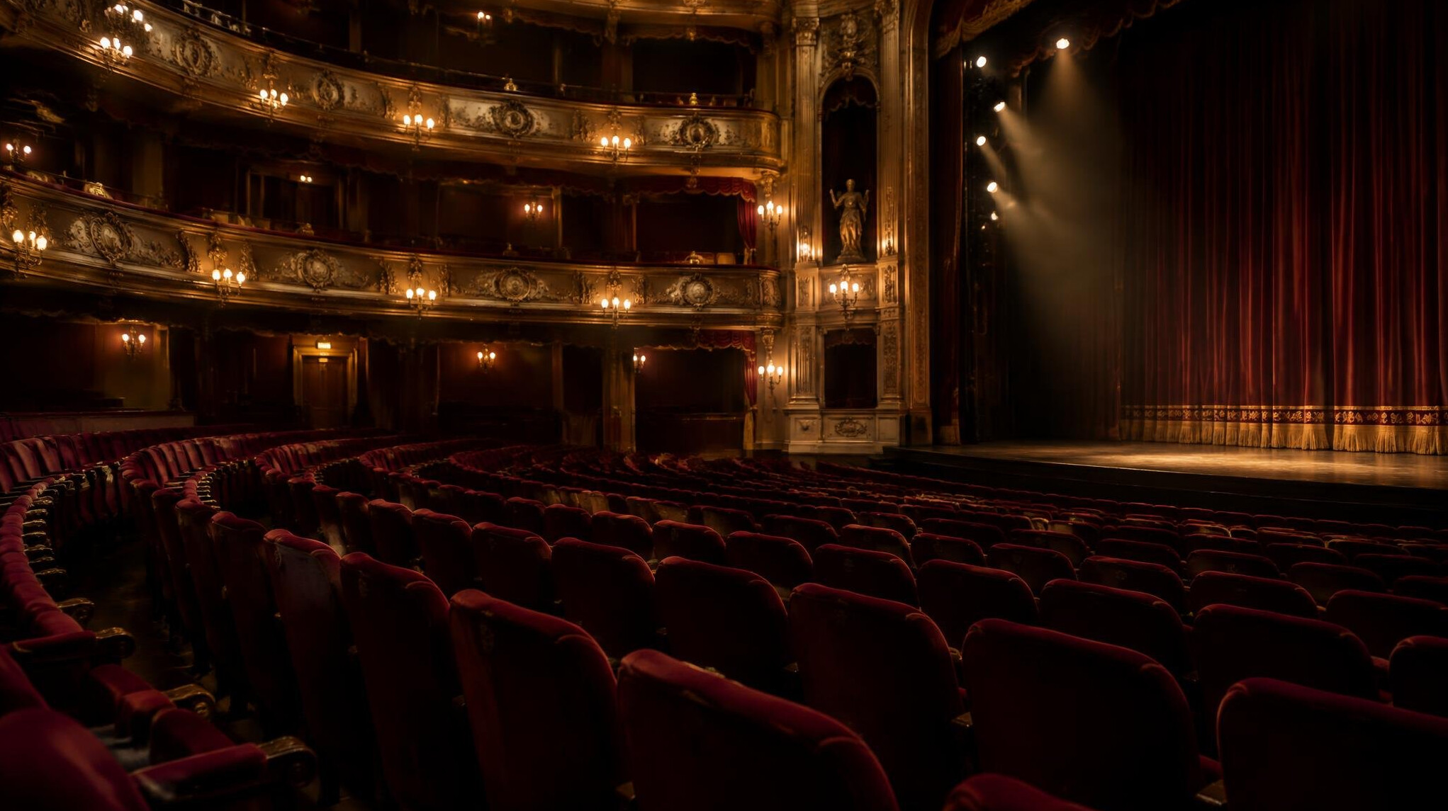 Empty European theater interior with red velvet seats and dim stage light