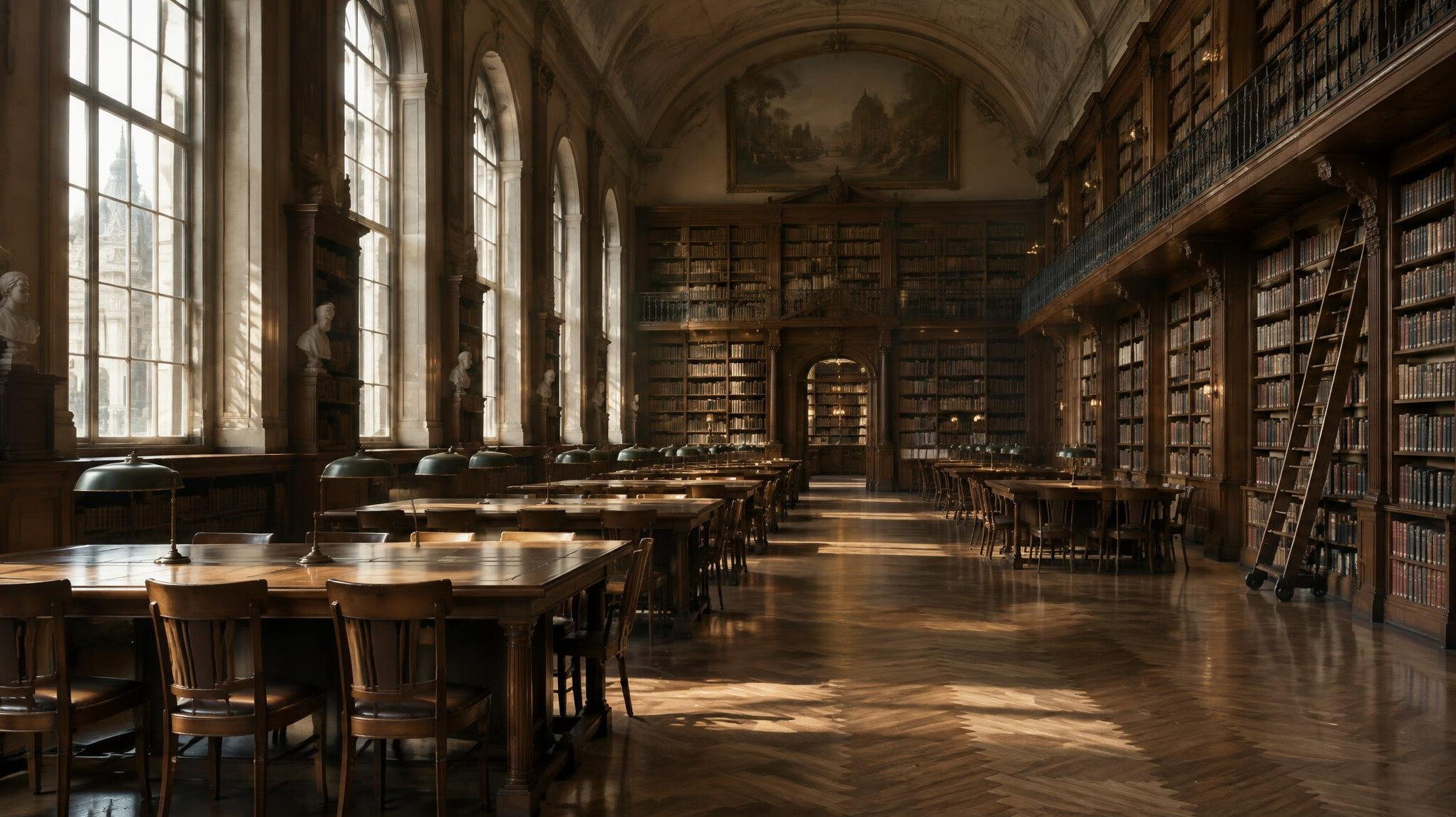 Empty grand European library reading room with tall shelves and soft window light